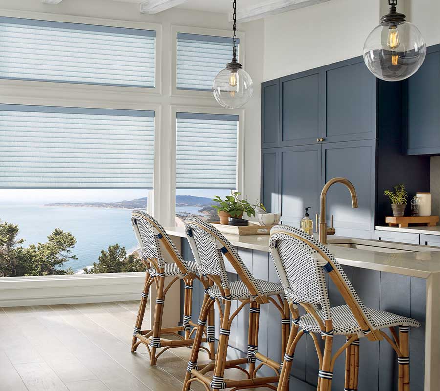 blue cabinetry and modern bar area with large picture windows and shades