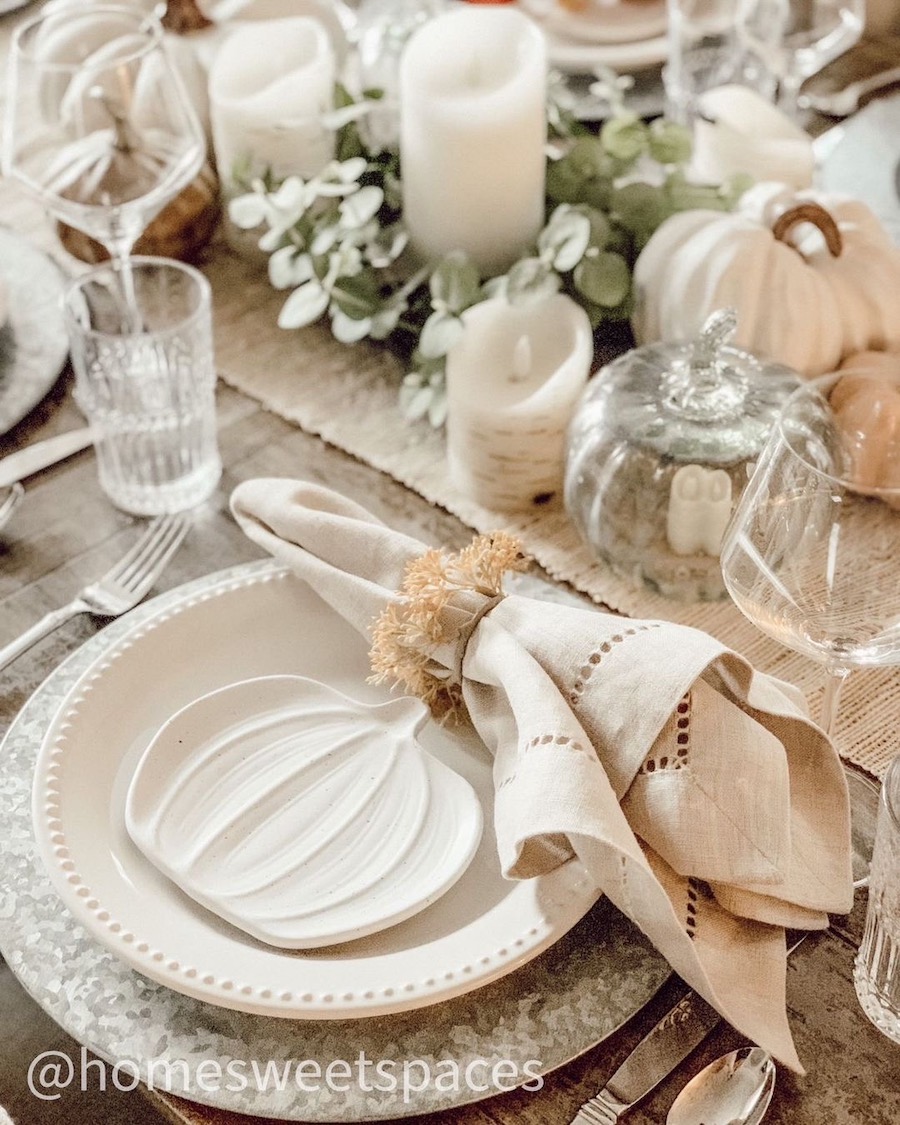 layered white tablescape for fall