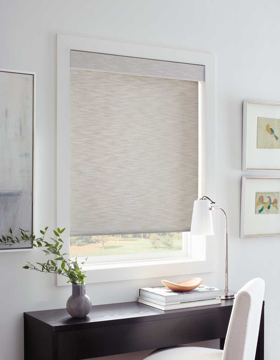 types of roller shades like neutral roller shades in home office with dark wood desk in Hinsdale IL