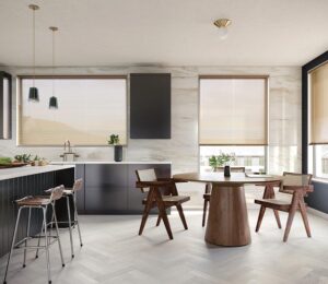 gold metal blinds in modern kitchen