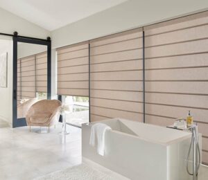 bathroom wall of windows with luxury roller blinds denver, colorado