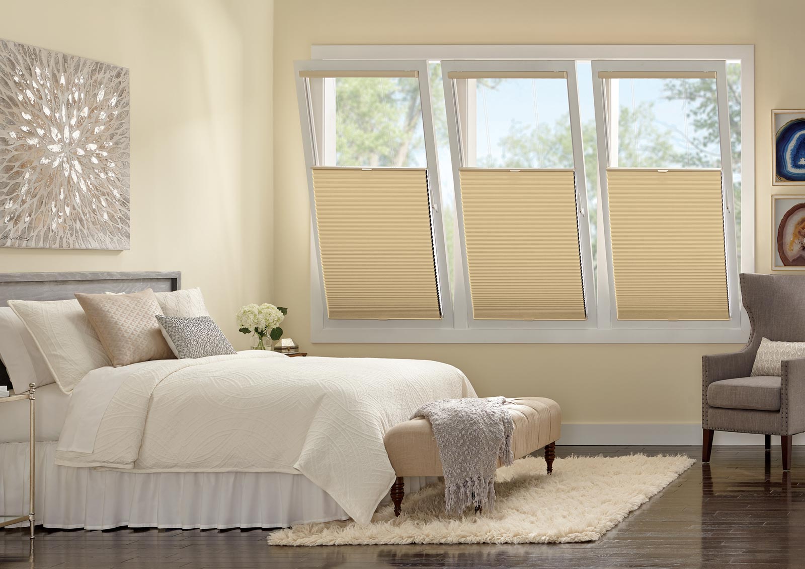 bedroom with blinds for tilt turn windows that stay on the glass