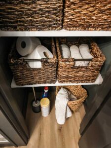 baskets inside a linen closet