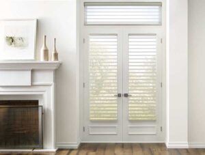 white silhouette shades on a double set of patio doors in Denver