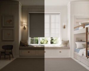 one window with two opacities of fabrics for light filtering and room darkening examples