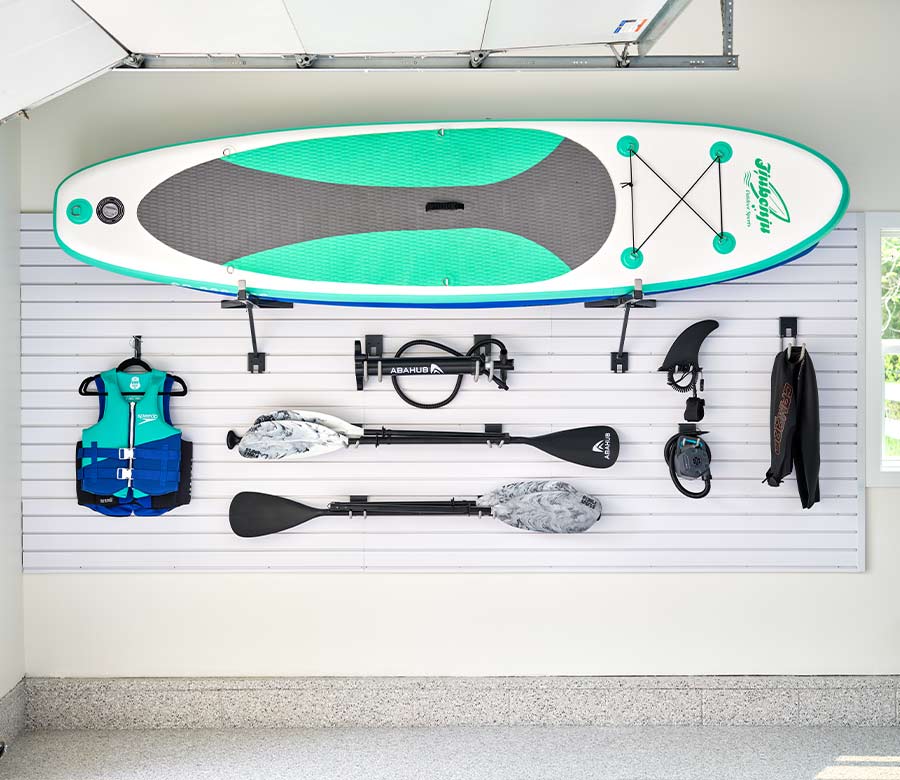 outdoor equipment hanging in garage organization system in Belcaro CO