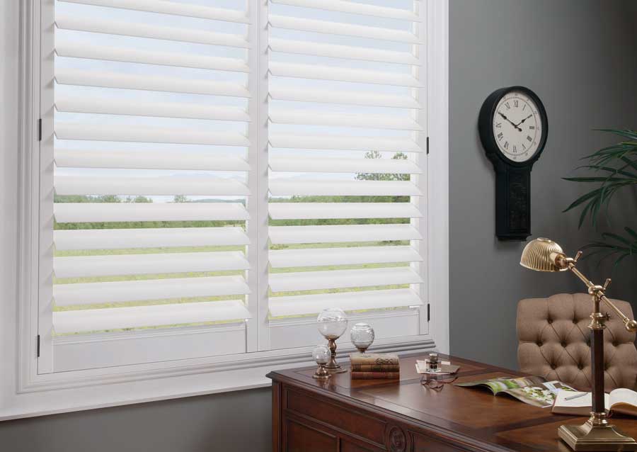 white shutters home office window treatments in Cherry Creek Denver