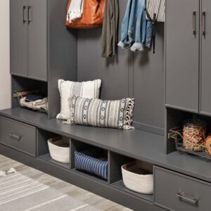 gray bench and cabinets in custom mudroom design in Westminster CO