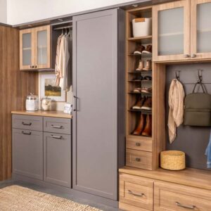 custom mudroom design in Denver with drawers, cabinets and bench seating
