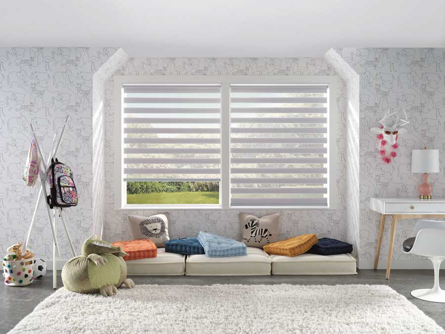 child's playroom with window seating and cordless window shades