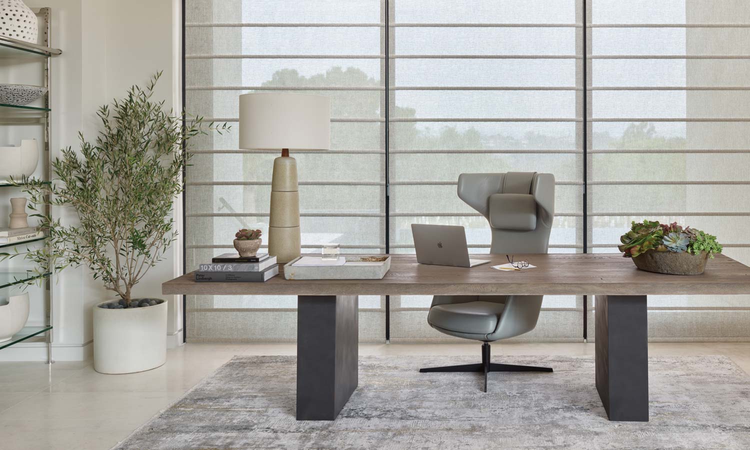 home office with wall of light filtering roller shades