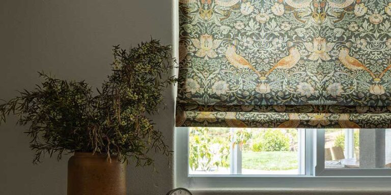 Custom roman shades in natural patterns