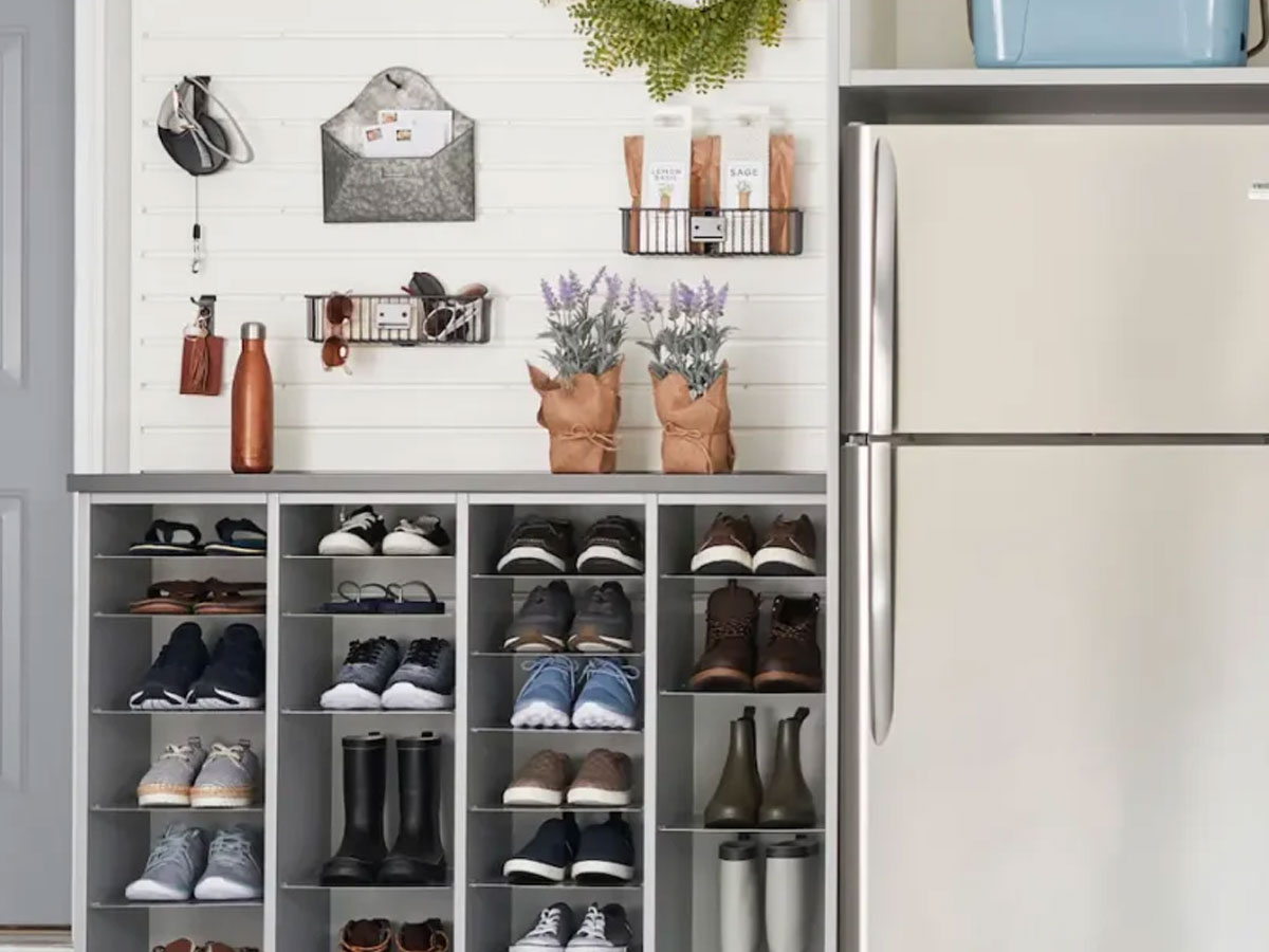 open shelving in garage for shoe organization