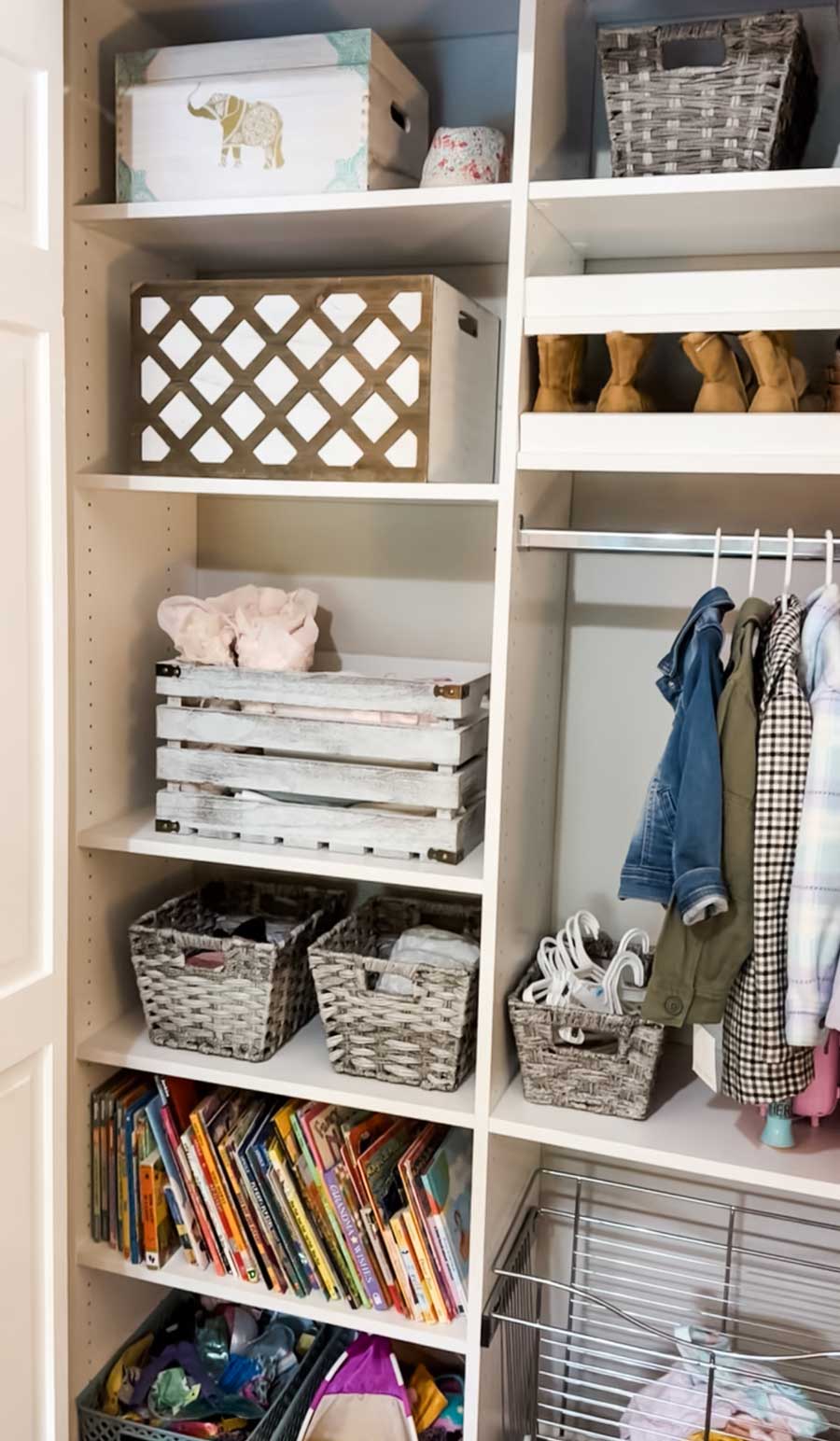 transitioning preschool closet to school age with adjustable shelving, hang bars and baskets