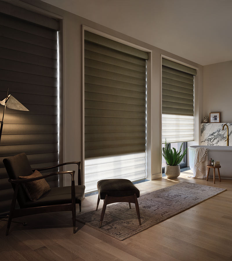 living room with green window shades with blackout shades rocky mountain shutters and shades and closets