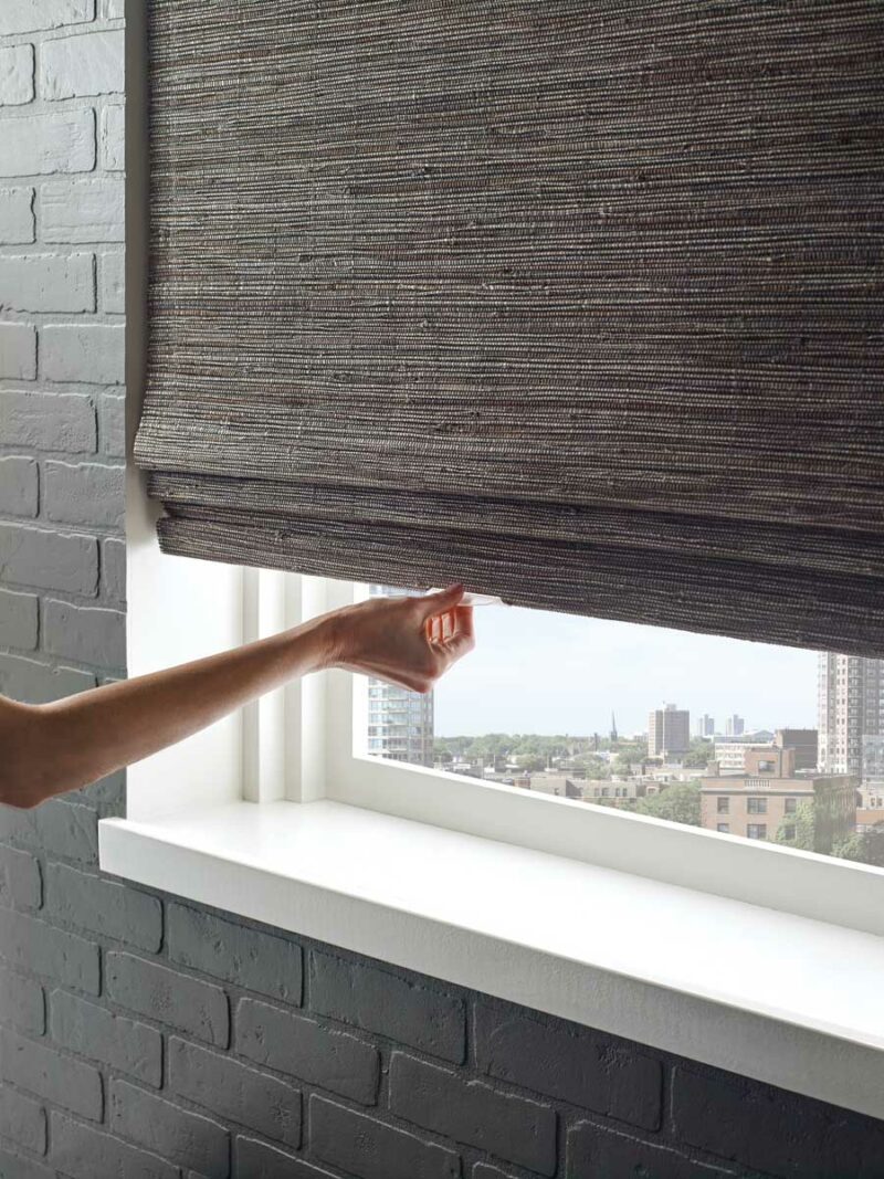 room darkening woven wood shades with cordless operation