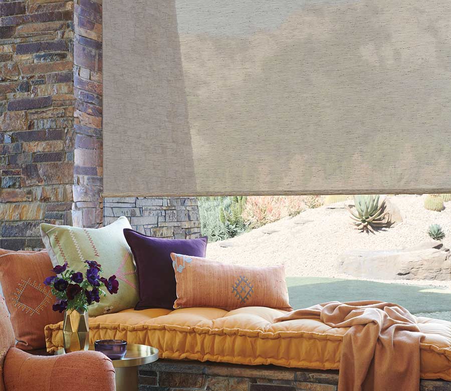 window bench with designer roller shades