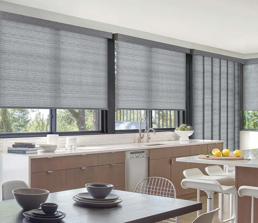 blue gray designer roller shades on all kitchen windows rocky mountain shutters shades and closets