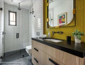 yellow bathroom with subway tile