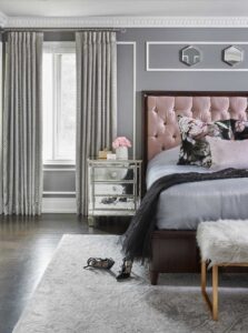 gray bedroom with dusty rose color accent