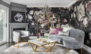 living room with floral wallpaper