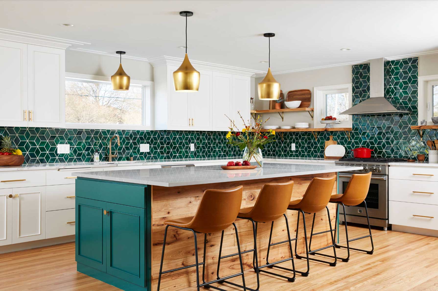 white kitchen with leather seats and aqua back splash and island color inspiration
