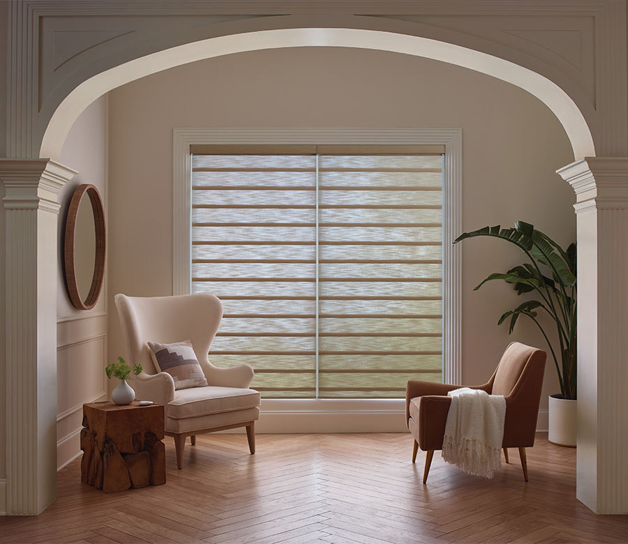 vignette-sheer-roman-shades-hunter-douglas-rocky-mountain-shutters-shades-and-closets living room with sheer shades on large living room window