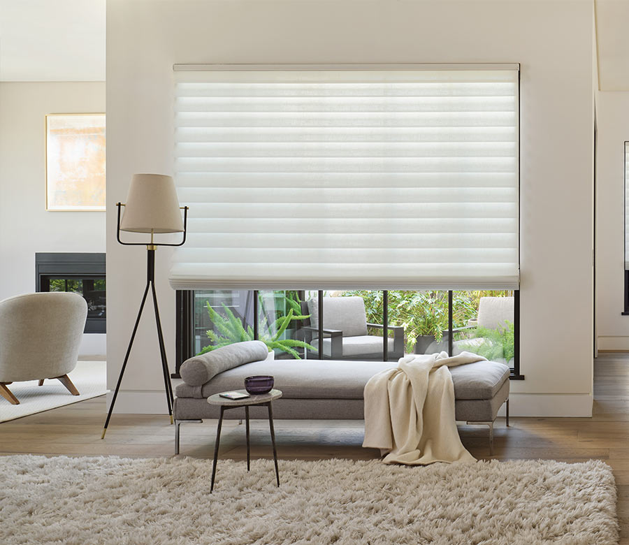 vignette-stacking-roman-shades-hunter-douglas-rocky-mountain-shutters-shades-and-closets stacking roman shades in living room