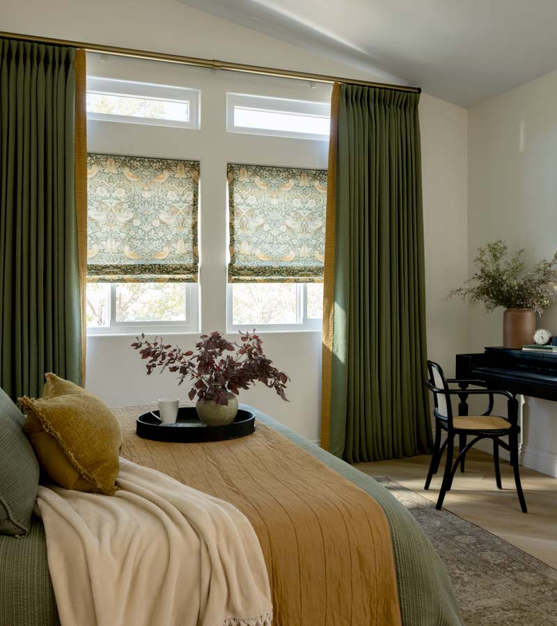 Warm Eucalyptus Custom Pattern Roman Shades with drapery denver co