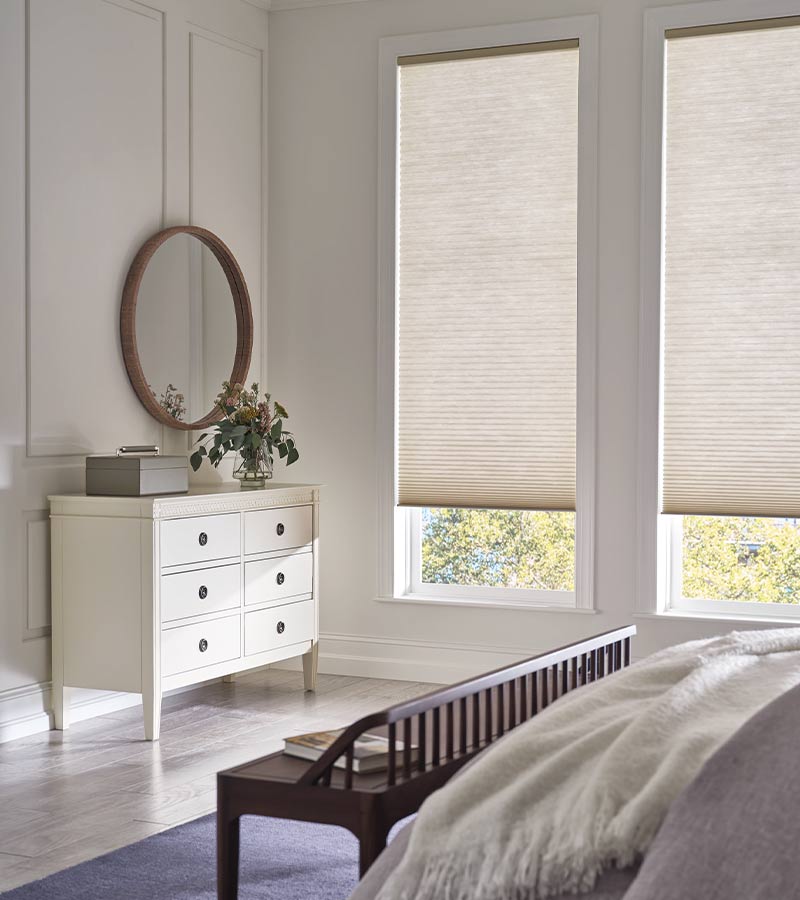 white energy efficient window treatments in bedroom