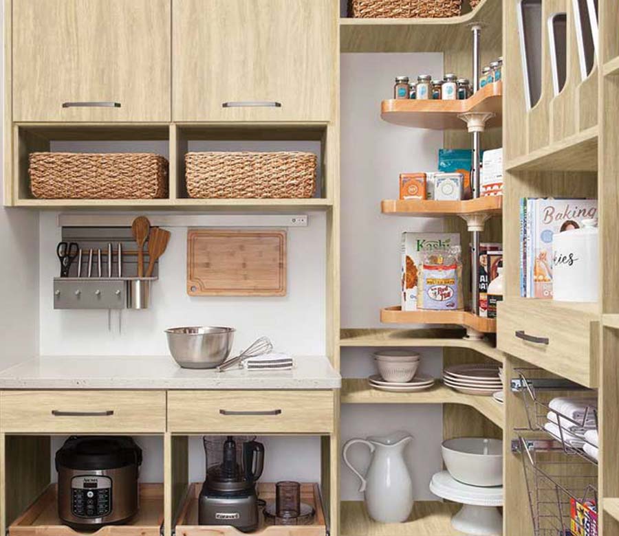 Custom pantry with adjustable shelving and organized food storage
