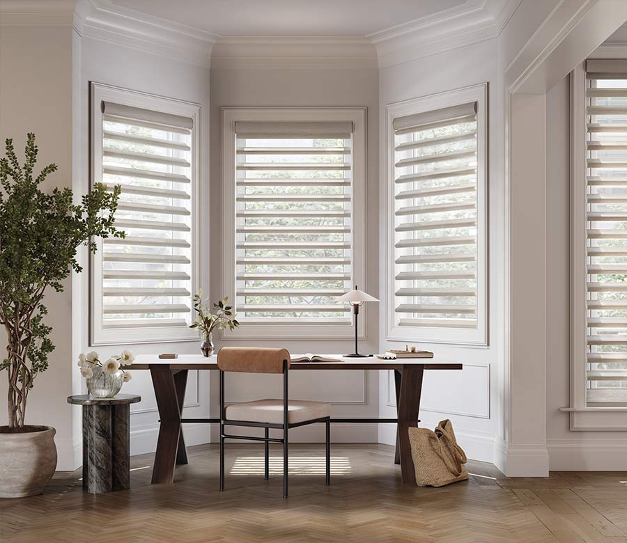 pirouette-window-treatments-home-office-space-hunter-douglas-rocky-mountain-shutters-shades-and-closets home office with custom pirouette window treatments