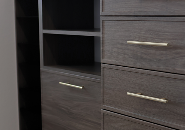 gray walk-in closet with drawers in bedroom