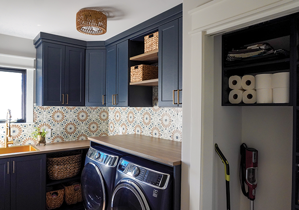 laundry organization with cabinets and closet storage updates