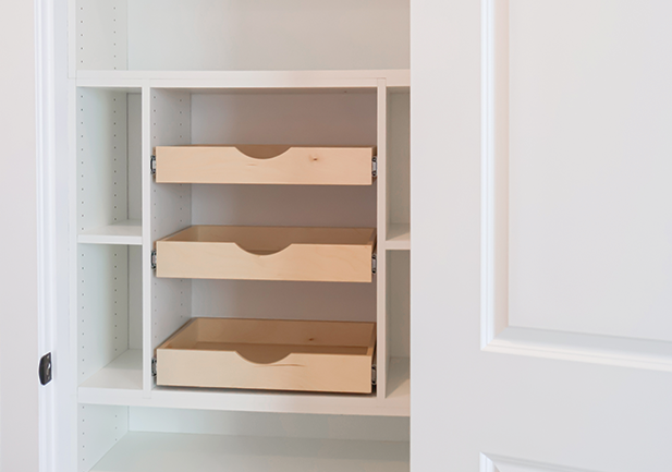 close up of custom storage options for pantry