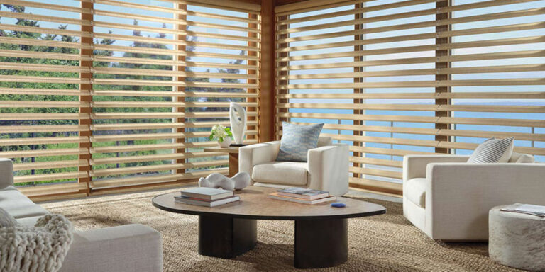 pirouette shades reduce glare on large living room windows