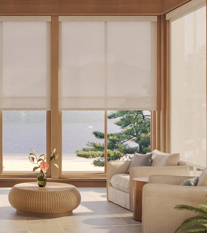 light-filtering-cream-designer-screen-shades-in-coastal-living-room-rocky-mountain-shutters-shades-and-closets light filtering shades on living room windows