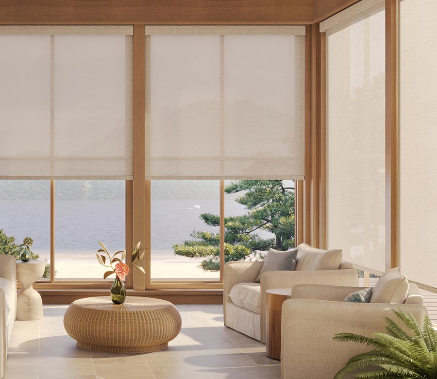 light-filtering-cream-designer-screen-shades-in-coastal-living-room-rocky-mountain-shutters-shades-and-closets light filtering shades on living room windows