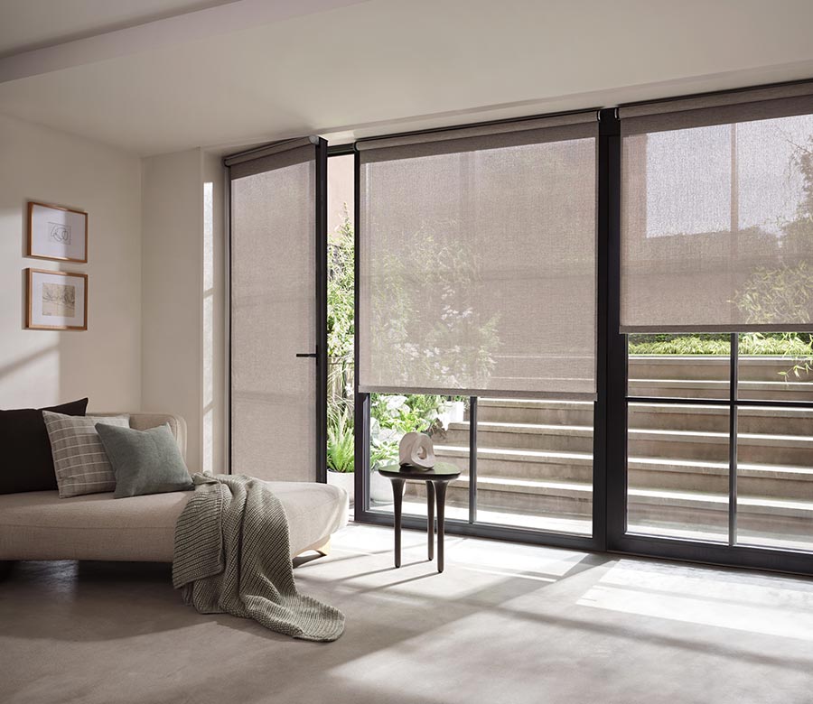 sheer-grey-designer-screen-shades-with-handle-rocky-mountain-shutters-shades-and-closets gray screen shades with handle for patio glass doors