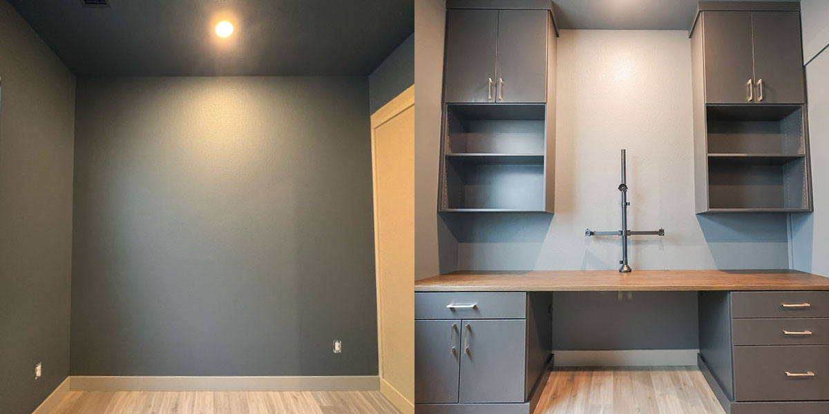 before and after custom basement home office in Littleton, CO, with built-in desk, drawers, and upper cabinets.